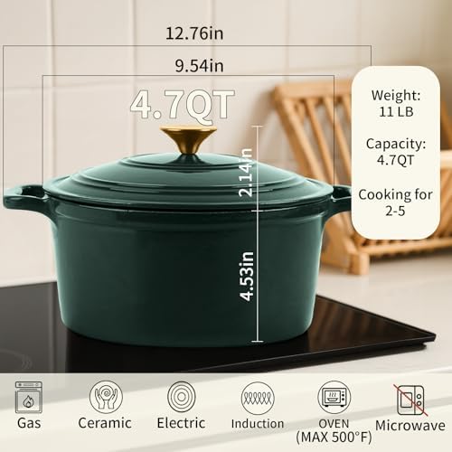 Enamel Cast Iron Dutch Oven with Lid, Round Casserole Pot for Bread Baking, Braising, Roasting, and Stews, Heavy-Duty, Oven Safe, Induction Compatible (4.7QT,Green) - Image 2
