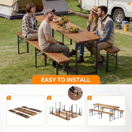 VINGLI 70 Inch Folding Picnic Tables with Benches Set, Weather-Resistant Wooden Beer Garden Table Bench, 3-Piece Portable Fold Up Camping BBQ Table,Walnut Color - Image 4