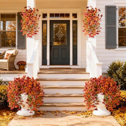 Artificial Hanging Fall Flowers for Outdoors, 2 Pcs Fake Mums Plants - Image 5