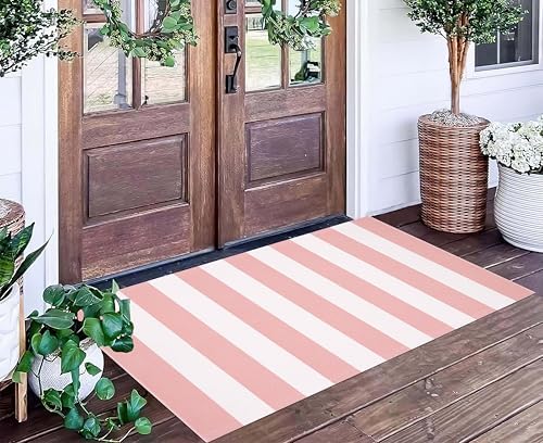 Pink and White Outdoor Rug 2'x4.3'，Striped Washable Front Porch Rug - Image 6