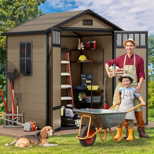 DWVO 6x4.4 FT Resin Storage Shed with Fence-Style and Side Windows, Lockable Door, and Vents Outdoor Storage Shed for Garden, Backyard, Patio, Lawn - Image 2