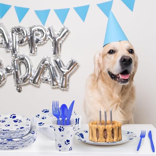 Kochorie 400 Pieces Blue Paw Disposable Party Tableware Sets Dog Puppy Supplies Including Plates Cups Napkins Cutlery Serves 50 for Birthday Puppy Theme Party Decorations - Image 6