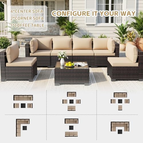 LEVELEVE 7 Pieces Outdoor Patio Furniture Sets,Rattan Conversation Sectional Set,Manual Weaving Wicker Patio Sofa with Tea Table - Image 2