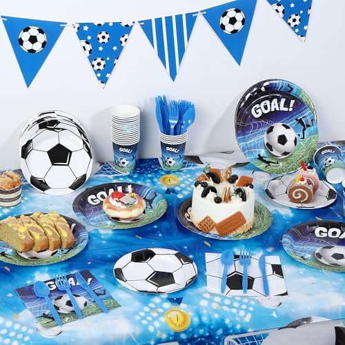 Kochorie 170 Pieces Soccer Birthday Party Decorations Soccer Paper Plates Napkins Cups Cutlery Tablecloth Triangle Flags Banner for Sports Themed Birthday Party Supplies, Serve 24 Guests - Image 5