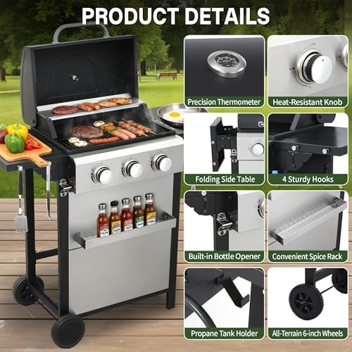 3-Burner Propane Gas Grill with Folding Side Tables, 30,000 BTU - Image 6