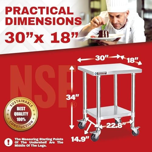 DuraSteel 30x18 NSF Stainless Steel Cart Work Table - Heavy Duty Rolling Food Prep Table - Metal Utility Cart on Wheels Caster, Grill Stand Microwave Outdoor Kitchen Tables Countertop Island Large Top - Image 2