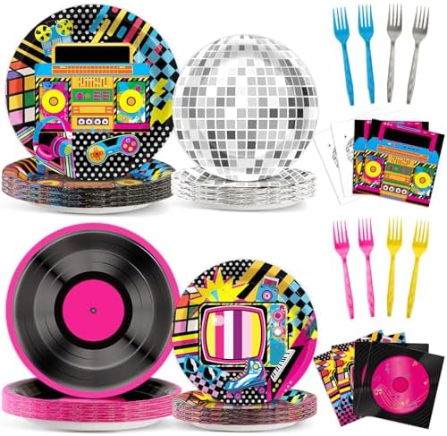 96Pcs Colorful 80s 90s Birthday Party Decorations Disco Hip Hop Plates and Napkins Retro Music Ball Dessert Paper Plates Back to 90s 80s Disposable Tableware for Birthday Baby Shower Supplies Disco by Oitnlaughter