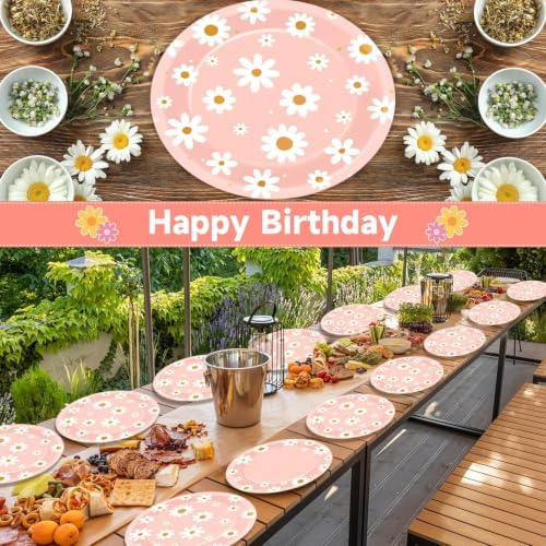 Qyeahkj 50 PCS Pink Daisy Oval Paper Plates Spring Large 11” One Two Groovy Party Decorations Floral Supplies Favor for Summer Flower Wedding Birthday Party Disposable Tableware Set - Image 6