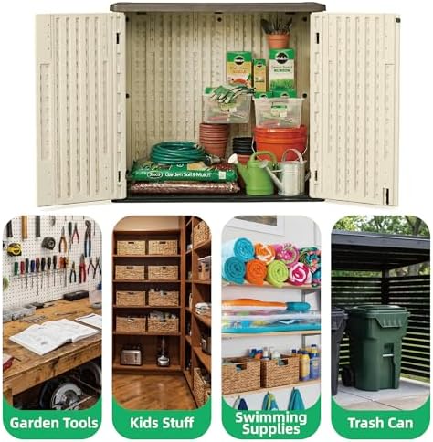 Allpop Outdoor Storage Shed, 31 Cu.Ft Resin Horizontal Storage Cabinet for Trash Cans, Patio & Garden, Khaki - Image 5