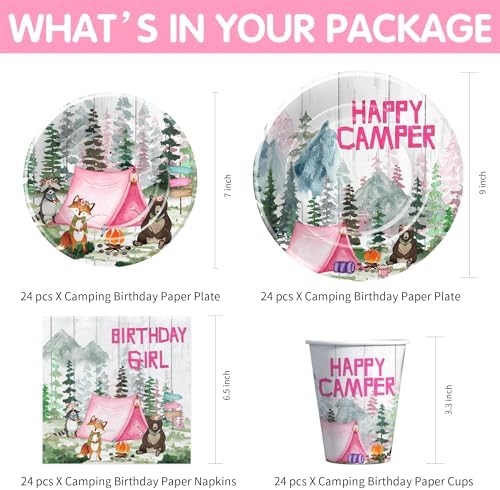 Camping Birthday Party Supplies Girl, Happy Camper Theme, Serves 24 - Image 2