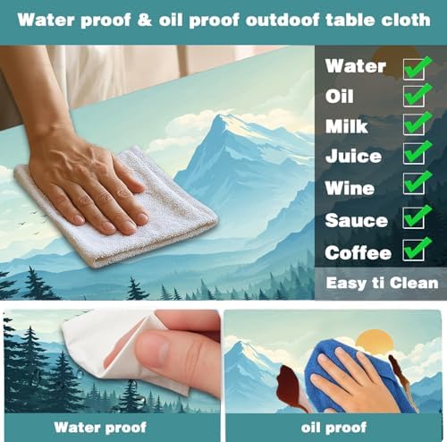 Picnic Table Cover with Bench Covers and Bag, Forest Mountain Sunset Camping Tablecloth, Waterproof Windproof Oilproof Elastic Edges Fitted Tables Cover for Indoor Outdoor 3PCS 30x96 Inch (Green) - Image 5