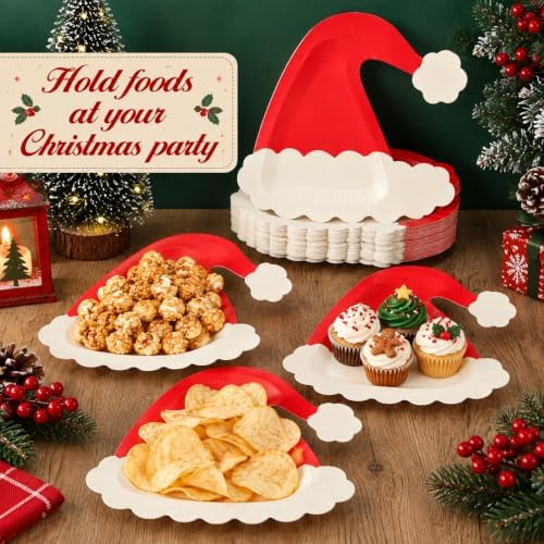 FOIMAS 50pcs Christmas Paper Plates, Red Christmas Hat Paper Plates Santa Disposable Tableware Party Plate For Dessert Xmas Party Supplies Winter Holiday Birthday Kitchen Table Decoration - Image 4