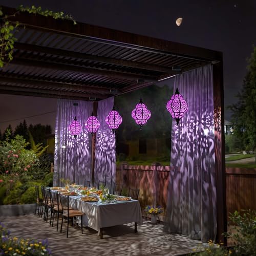 Hapjoy Hanging Solar Lights Outdoor Garden Decor Solar Lantern Waterproof Plastic Moroccan Outdoor Decorations for Patio Pathway Yard Backyard Garden Decorative (2, Purple) - Image 5
