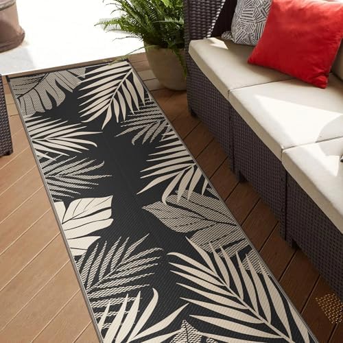 GENIMO Outdoor Rug, Waterproof Plastic Runner Rugs, 2.5'x8' Black Beige - Image 3