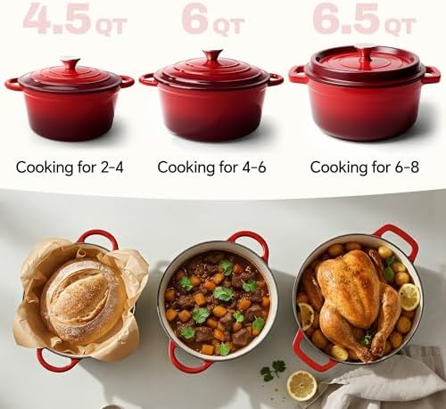 4.5 Quart Dutch Oven Pot with Lid, Non Stick Enameled Cast Iron Dutch Oven for Bread Baking,Heavy-Duty, Oven Safe Ceramic Cookware Up to 500°F for Baking, Braising, Stews, Roasting, Red - Image 3
