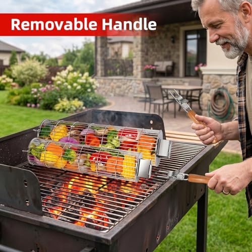 Rolling Grill Basket, SUS304 Stainless Steel, Removable Wooden Handle, Round Cylinder BBQ Grilling Basket, Outdoor Cooking Griller, Smoker Accessories for Vegetable, Gifts for Men Dad - Image 4