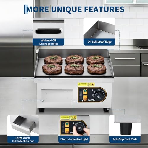 Garvee 14in Commercial Electric Griddle, 1700W Countertop Flat Top Grill, Stainless Steel Griddle Grill with 2 Shovels and 2 Brushes for Home or Restaurant, 122℉-572 ℉ Adjustable Temp - Image 5