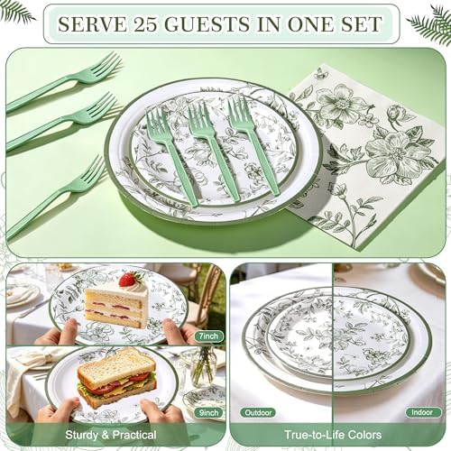 100 Pcs Disposable Sage Green Flower Tableware Set for 25 Guests - Image 6