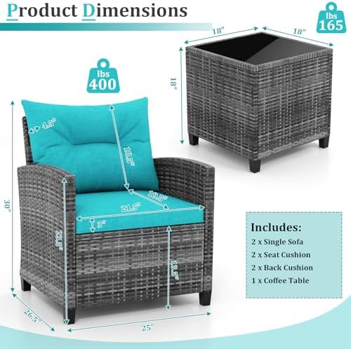 KOTEK 3 Piece Patio Furniture Set, Outdoor PE Rattan Conversation Set with Washable Cushions & Tempered Glass Tabletop, Wicker Chairs and Table Set for Porch, Garden, Balcony (Turquoise) - Image 6