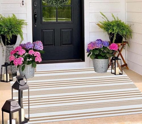 Fall 3'x 5'Outdoor Rug,Khaki White Striped Front Porch Mat Indoor Area Rug - Image 6