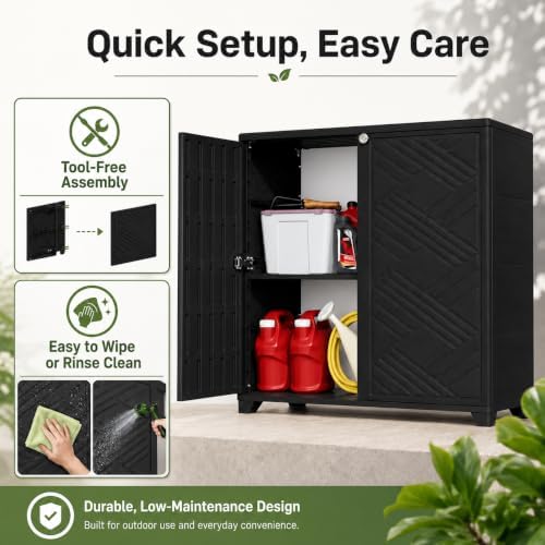 ADDOK Outdoor Storage Cabinet,60 Gallon Waterproof Resin Patio Storage Cabinet with 2 Adjustable Metal Shelf, Upright Outdoor Cabinet for Garden Tools, Pool Supplies, Toys, Porch and Garage - Image 6