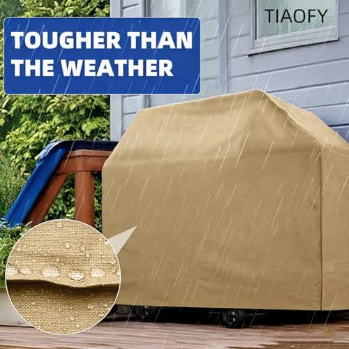 BBQ Gas Grill Cover for Outdoor, Anti-UV, Rip-Proof, 600D Oxford Fade Resistant Material, Barbecue Cover with Hook and Loop Straps & Adjustable Hem Drawstring (Beige, 58”x24”x46”) - Image 4