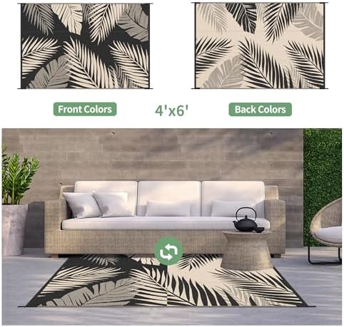 GENIMO Outdoor Rug, Waterproof Plastic Rugs for Patio, 4'x6' Black Beige - Image 2