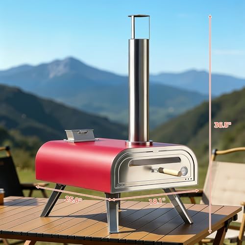 BIG HORN 16" Multi-Fuel Outdoor Pizza Oven – 2-in-1 Wood-Fired & Gas Compatible (Burner Sold Separately), 1112°F Outdoor Stainless Pizza Cooker, Portable for Party Usage, Red - Image 6