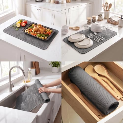 MicoYang Silicone Dish Drying Mat for Multiple Usage,Easy clean,Eco-friendly,Heat-resistant Silicone Mat for Kitchen Counter or Sink,Refrigerator or Drawer Liner Grey 4XL 32 inches x 18 inches - Image 4