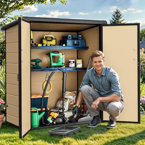 DWVO Outdoor Storage Shed 54 cuft with 2 Shelves, 4.2x2.6x5ft Vertical Tool Shed with Floor & Lockable Doors, Sturdy Double-Wall Plastic Cabinet for Garbage Cans and Garden Storage, Brown - Image 4