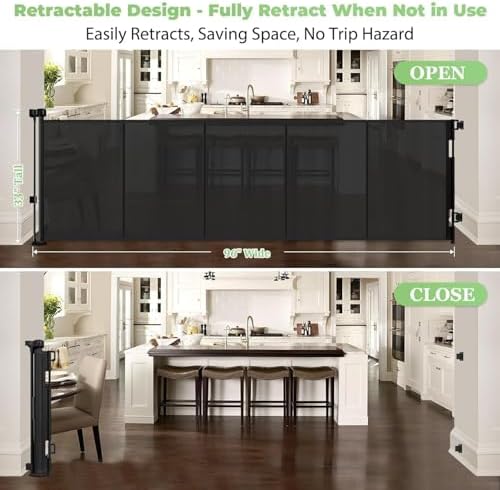 96" Wide Reinforced Retractable Baby Gates, Prevent Crawling Under, Black - Image 3