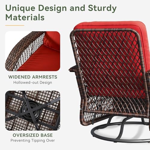 Aoxun 3 Pieces Patio Furniture Set, Patio Swivel Rocker Chairs Set of 2, Wicker Outdoor Bistro Set with Rocking Chair, Thickened Cushions and Table for Porch (Red) - Image 5