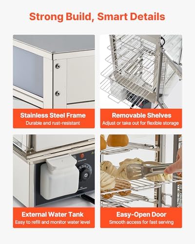 VEVOR 5-Tier Commercial Food Warmer Display, 1200W Food Display Warmer with LED Light, Adjustable Shelf & Stainless Steel Frame, 86℉~230℉ Steam Heating, 120L for Hamburger, Pizza, Bread, Fried Chicken - Image 6