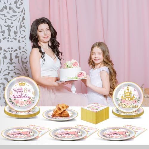 96PCS Princess 6th Birthday Party Plates and Napkins and Forks Set for Princess Party Pastel Castle Dessert Plates Disposable Decor Pink Gold Tableware Set for 6th Theme Party Favors Decorations - Image 5