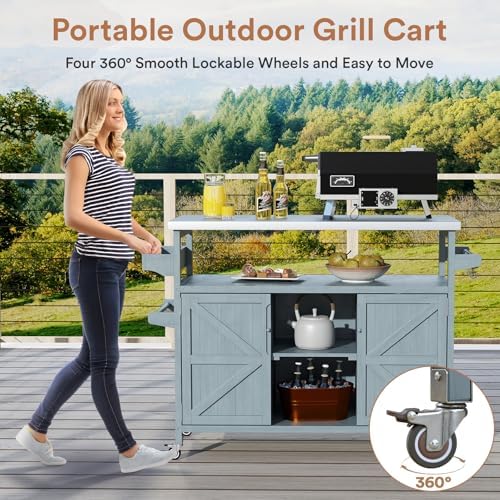 Zevemomo Outdoor Grill Cart with Storage, Lockable Casters, Gray-Blue - Image 6
