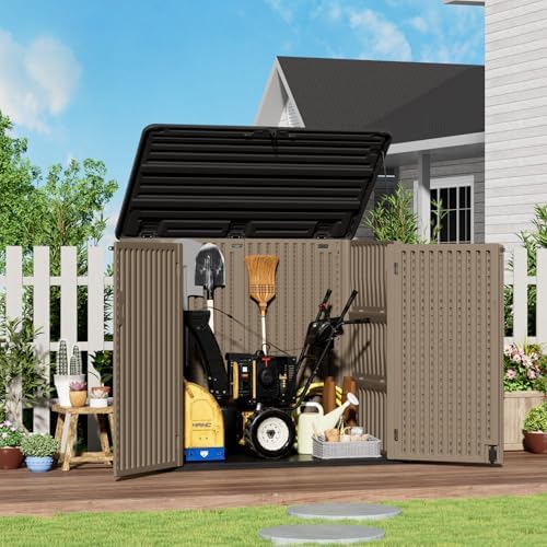 ZZM Large Outdoor Storage Shed, 48 Cu Ft Resin Versatile Storage Cabinet for Patio Accessories, Trash Cans & Garden Tools, Durable Horizontal Storage Box with Lockable Lid (Coffee) - Image 3