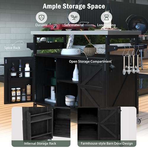 Outdoor Kitchen Island, Rolling Bar Cart & Storage Cabinet, Farmhouse Solid Wood Outdoor Grill Table with Stainless Steel Top, Spice Rack, Towel Rack for Kitchen & Barbecue, Black - Image 4