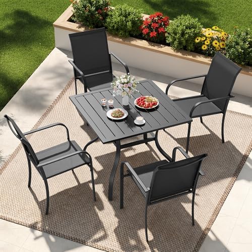 Incbruce 5 Pieces Patio Dining Set, Outdoor Dining Set of 4 Textilene Chairs and Square Table with Umbrella Hole for Backyard, Garden, and Poolside (Black) - Image 2