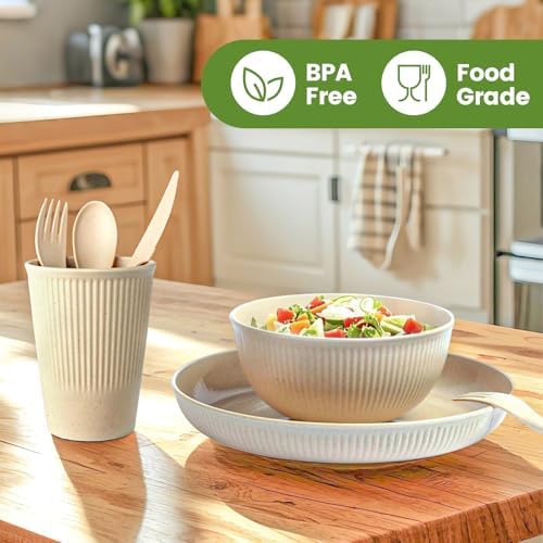 36-Piece Reusable Wheat Straw Dinnerware Sets for 6, Farielyn-X Unbreakable Reusable Set Kitchen Cups, Plates, Bowls Sets & Cultery Dishwasher Microwave Safe - Patio, Outdoors, RV, Camping Dishes - Image 5
