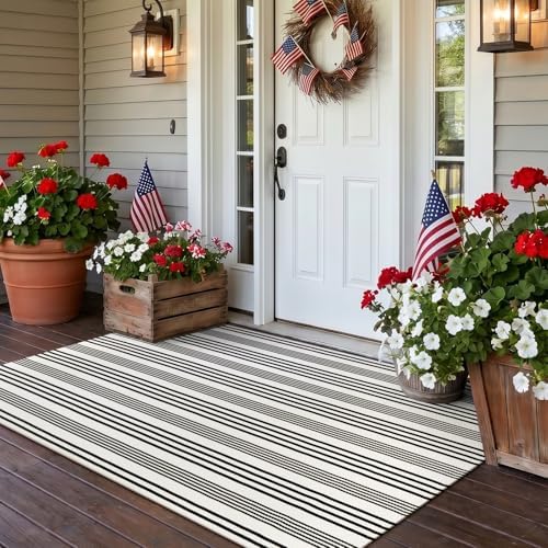 OJIA Black and White Outdoor Rug 3' x 5', Machine Washable Front Door Mats Outdoor, Cotton Hand-Woven Striped Porch Rug Entryway Rug Indoor/Outdoor Area Rug Floor Mat for Farmhouse/Living Room - Image 6