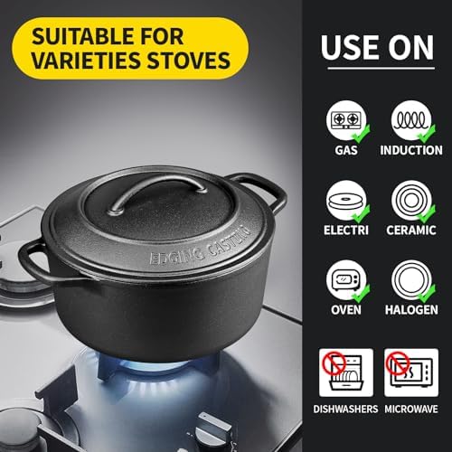 EDGING CASTING Pre-Seasoned Cast Iron Dutch Oven Pot with Lid Dual Handle, Sourdough Bread Baking Pots, Bread Oven, Camping, Grill, Induction, Electric, Round 7 Quart, Black - Image 5