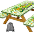 St. Patrick's Day Picnic Table Cover with Bench Covers, Camping Essentials, Plaid Truck Gnomes Clover Outdoor Table Covers, Waterproof, Fitted Tablecloth Cover with Elastic Edge, 3 PCS, 30x72 Inch by Xguatan