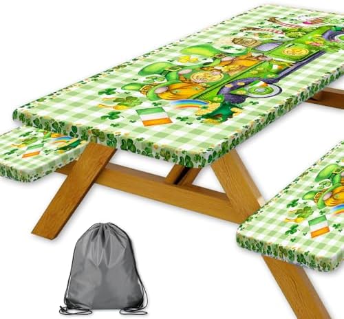 St. Patrick's Day Picnic Table Cover with Bench Covers, Camping Essentials, Plaid Truck Gnomes Clover Outdoor Table Covers, Waterproof, Fitted Tablecloth Cover with Elastic Edge, 3 PCS, 30x96 Inch by Xguatan