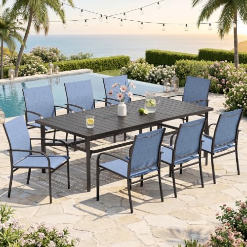 SUNSHINE VALLEY 9pc Patio Dining Set, 83" Metal Table & 8 Blue Chairs by SUNSHINEVALLEY
