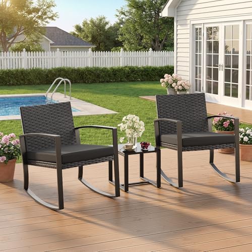 Qsun 3 Pieces Patio Furniture Set Rocking Bistro Set, Outdoor Patio Furniture Set with Coffee Table for Garden Balcony Backyard Poolside (Black Cushion) - Image 6