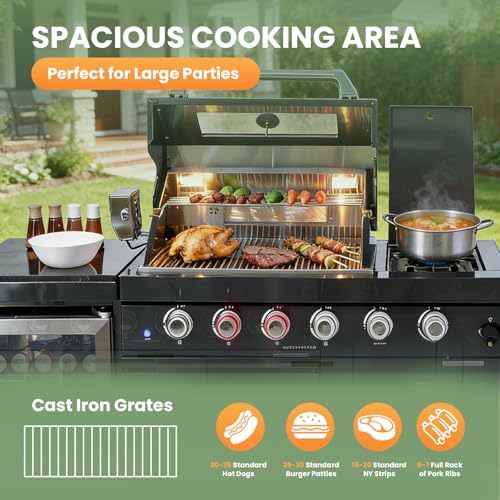 65" Rolling Outdoor Kitchen Island,Built-In 4-Burner 72,000 BTU Stainless Steel Gas Grill with Rotisserie Oven,Granite Countertops & Beverage Fridge.(Black + Fridge, Natural Gas) - Image 4