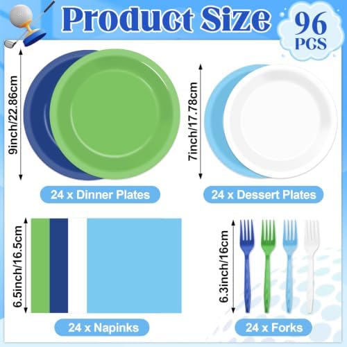96PCS Golf Party Decorations Blue and Green Plates and Napkins Disposable Hole in One Golf Theme Tableware Dinnerware Set for Birthday Baby Shower Graduation Retirement Party Supplies Serves 24 Guests - Image 2