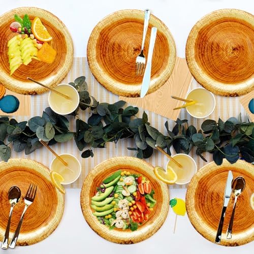40Pcs Wood Grain Party Supplies,Rustic Wood Slice Paper Plates 7"Wood Grain Paper Plates Wood Slice Dessert Plates Cut Timber Theme Camp Fire Camping Woodland Animal Lumberjack Birthday Party Decor - Image 6