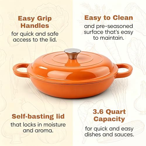 3 Quart Enameled Cast Iron Braiser, Non Stick Enameled Cast Iron Skillet with Lid, Dutch Oven Skillet with lid up to 500°F for Oven, Stove, Grill, Shallow Dutch Oven for Cook, Bake (Orange) - Image 6
