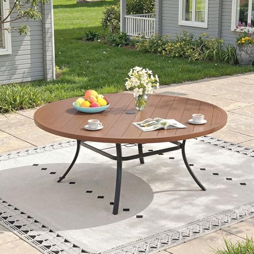 Outdoor Dining Table for 8, 63" Round Outdoor Table with Adjustable Umbrella Hole, All-Weather Metal Patio Dining Table for Lawn Garden Backyard Deck, Walnut by ProvideOutdoorSolutions